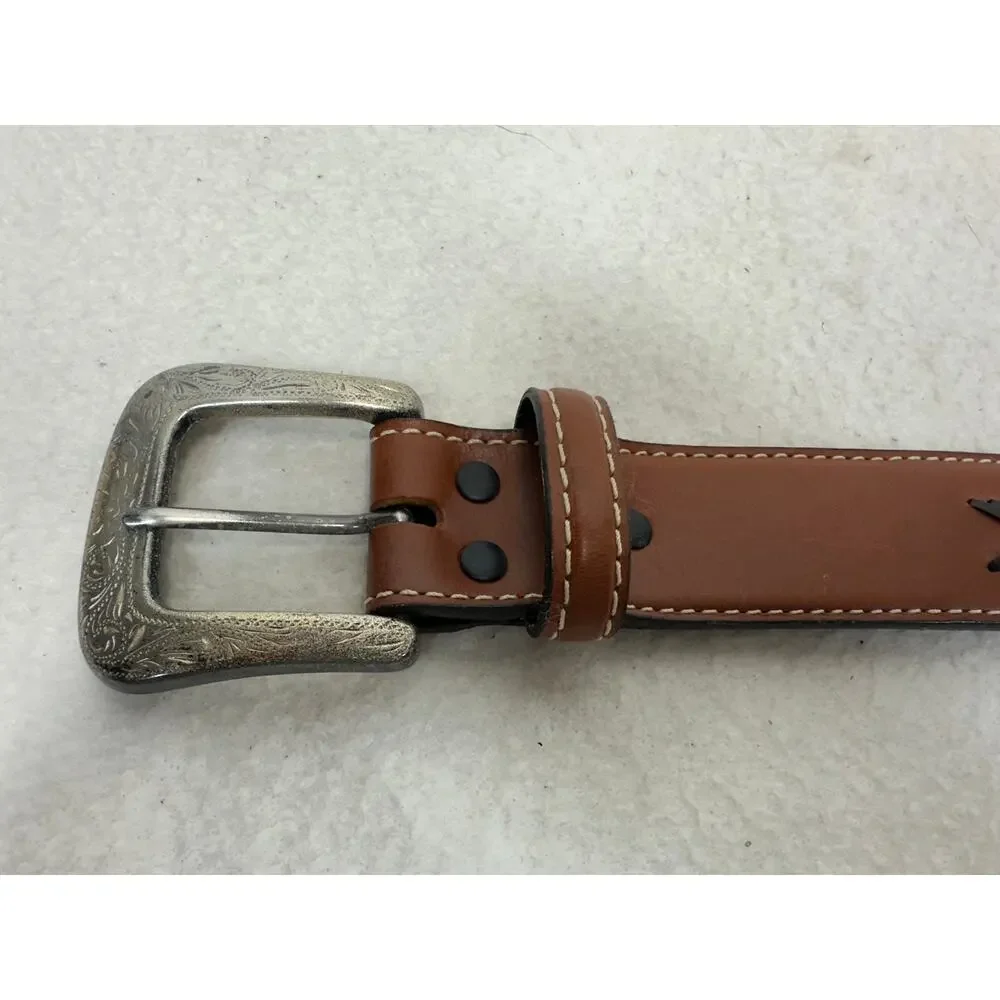 Wrangler Brown Leather Western Belt Silver Tone Concho Accents Black Chevron